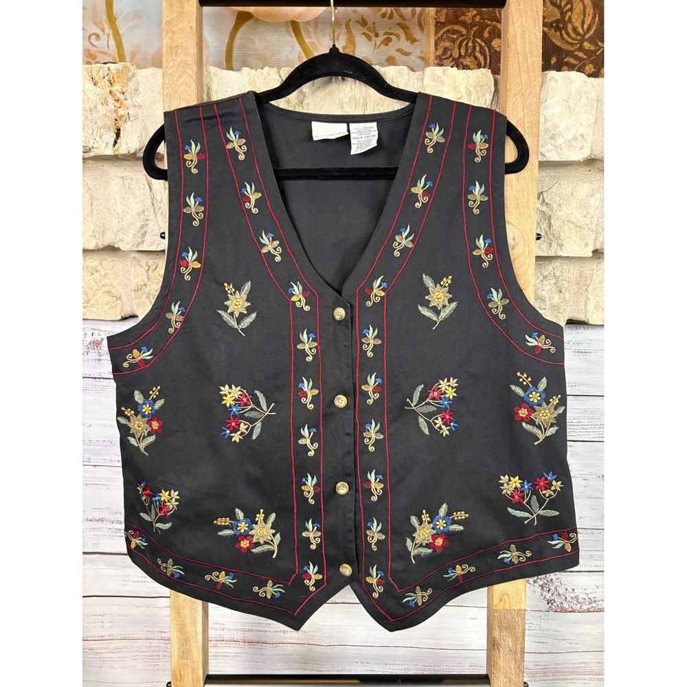 Bobbie Brooks Black Floral Embroidered Cotton Vest Button Front Cinch Back L